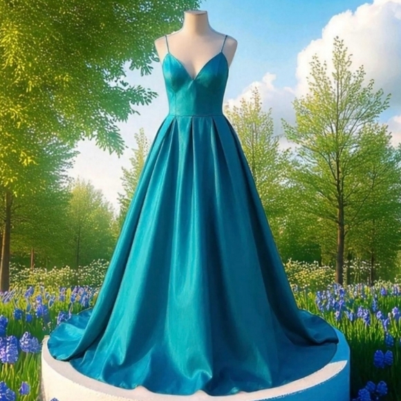 Evening Gown – Blondie Nites – Teal – Satin Ball Gown Lace‑Up Back w/ Pockets 3 - Picture 4 of 16